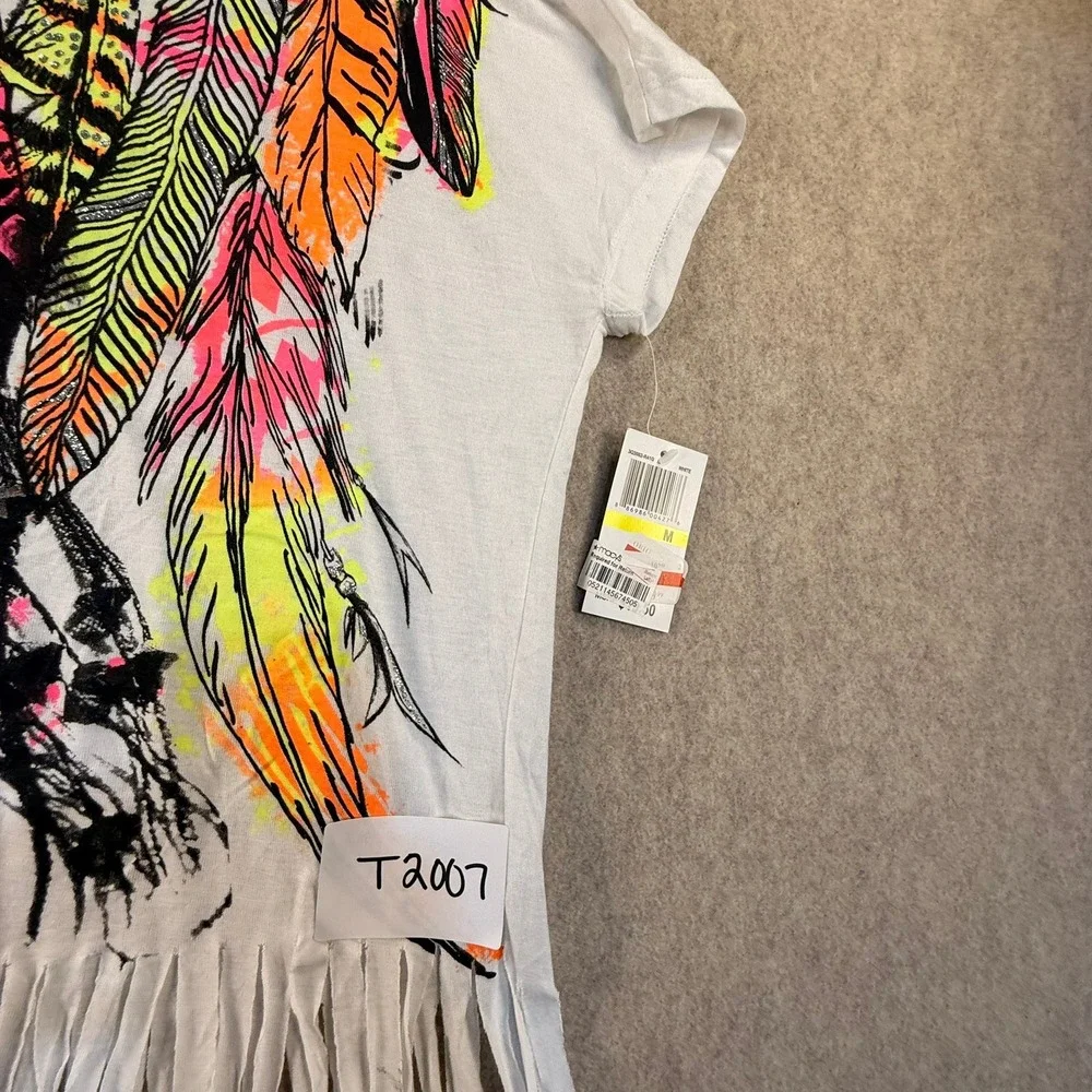 Fresh Brewed Womens White Neon Feather Graphic Fringe T-Shirt Size M NTW Y2K - Picture 3 of 8